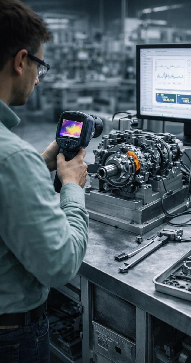 Analyse thermique d’un prototype mécanique avec caméra infrarouge dans un laboratoire industriel