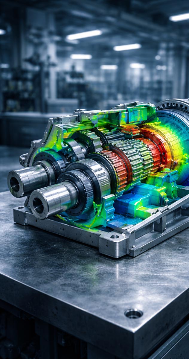 calcul-mecanique Simulation numérique et calculs mécaniques sur une boîte de vitesses industrielle avec visualisation des contraintes