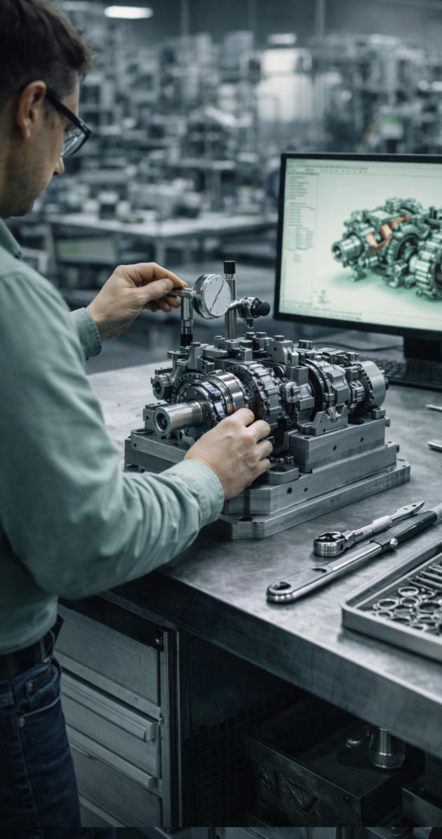 Ingénieur développant un produit industriel et assemblant un prototype mécanique